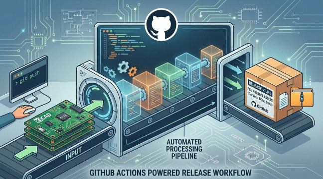 Diagram of GitHub Actions pipeline automating KiCad build and release process